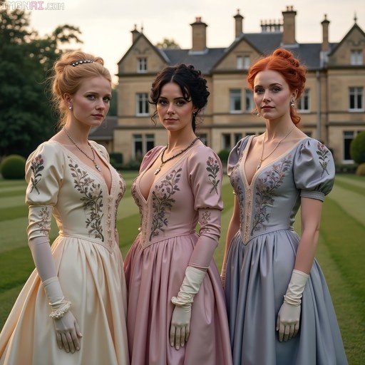 Three elegantly dressed women in pastel Regency-era gowns with floral embroidery and white gloves stand side-by-side on a green lawn before a large stone manor house.