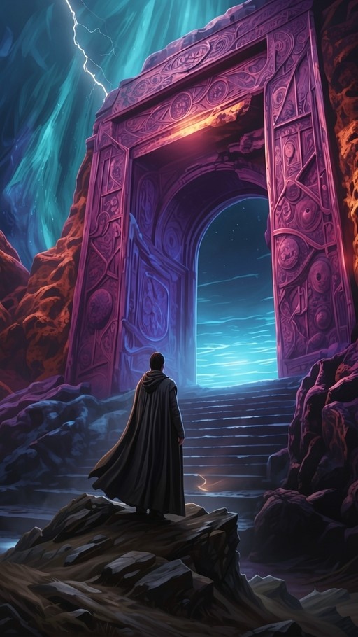 A person in a long black cape stands on rocks looking at a large glowing purple and blue stone gate with stairs leading up to it under a stormy sky.