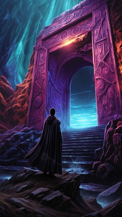 A man in a black cloak stands facing a large purple stone archway that glows with light, revealing stairs leading down to a blue ocean under a stormy sky.