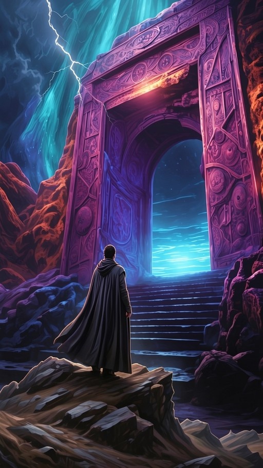 Back view of a man in a black cape standing on rocks looking at a large purple and blue glowing stone gate with lightning in the sky.