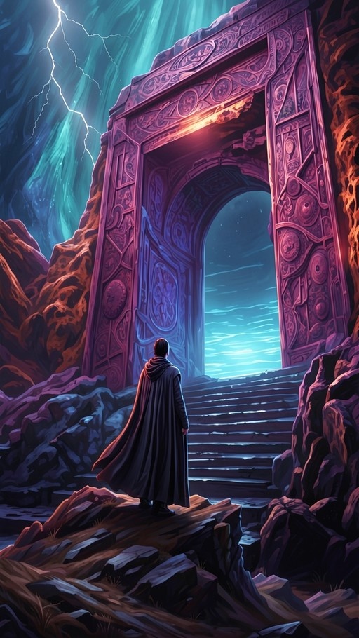A hooded figure in a dark cloak stands on rocky ground looking up at a large ancient stone archway with stairs, set against a stormy sky with lightning and teal light.