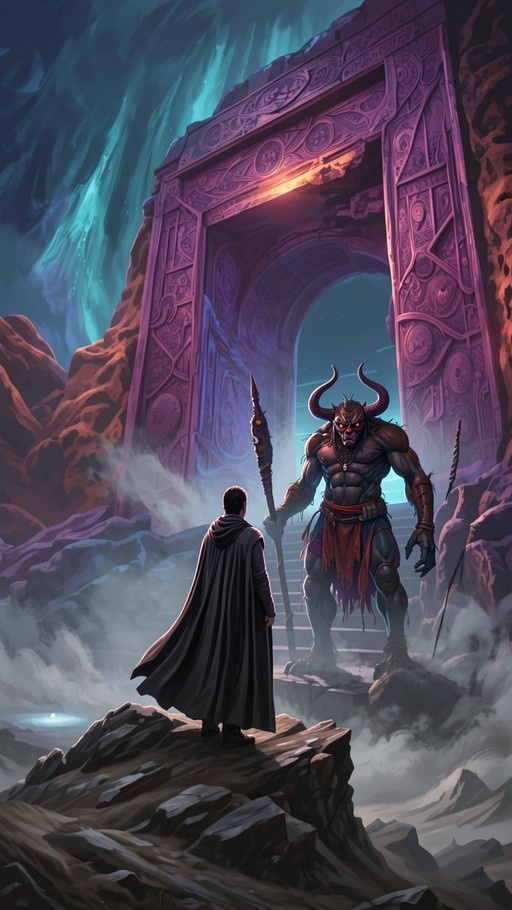A hooded figure stands on a rocky cliff facing a large horned demon holding a staff in front of an ornate purple gate.