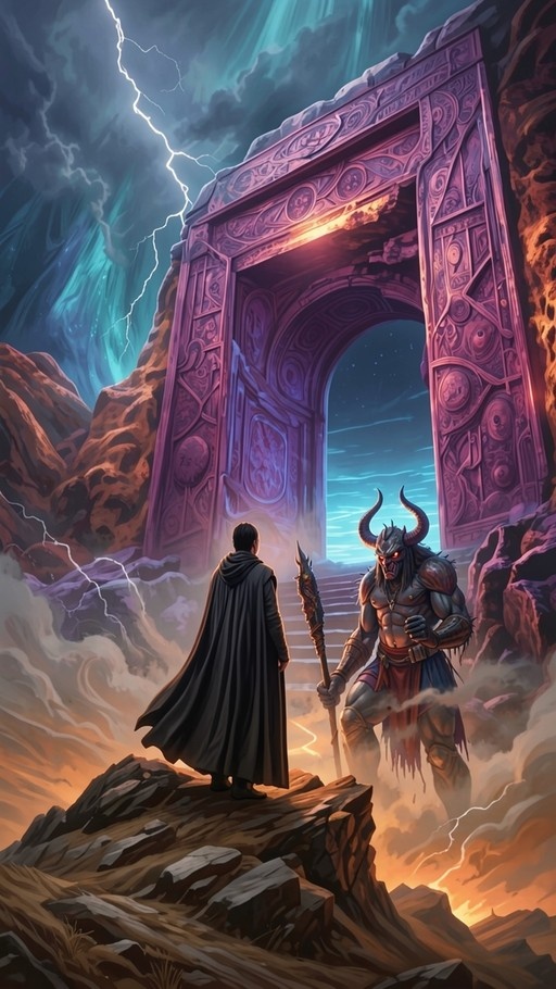 A cloaked figure stands on a rock facing a muscular horned demon holding a staff in front of an ornate purple gate under a lightning-filled sky.