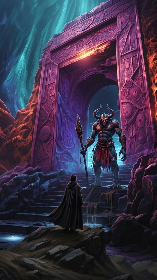A cloaked figure stands on a rocky ledge facing a large horned minotaur holding a staff at the base of an ornate purple stone portal with glowing orange light.