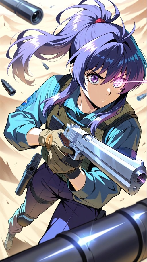 Anime woman with purple ponytail aiming a silver handgun with a glowing laser eye