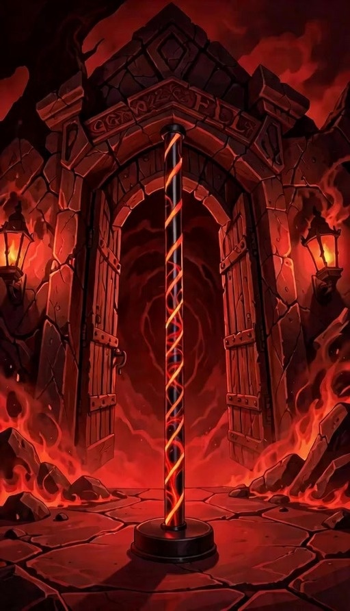 An anime-style demon girl with horns, long dark hair, and a black leather jacket stands holding a glowing orange pole in front of a large stone archway surrounded by red flames.