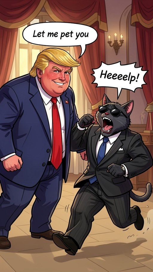 Donald Trump chases a panicked black cat wearing sunglasses and a suit, shouting "Let me pet you" as the cat flees.