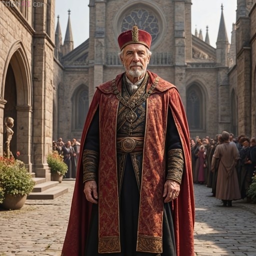 An older man with a white beard wearing a red hat and red cape stands in front of a stone cathedral.