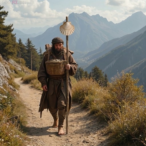 A bearded man in brown robes walks barefoot on a dirt path holding a staff with a scallop shell and carrying a basket.