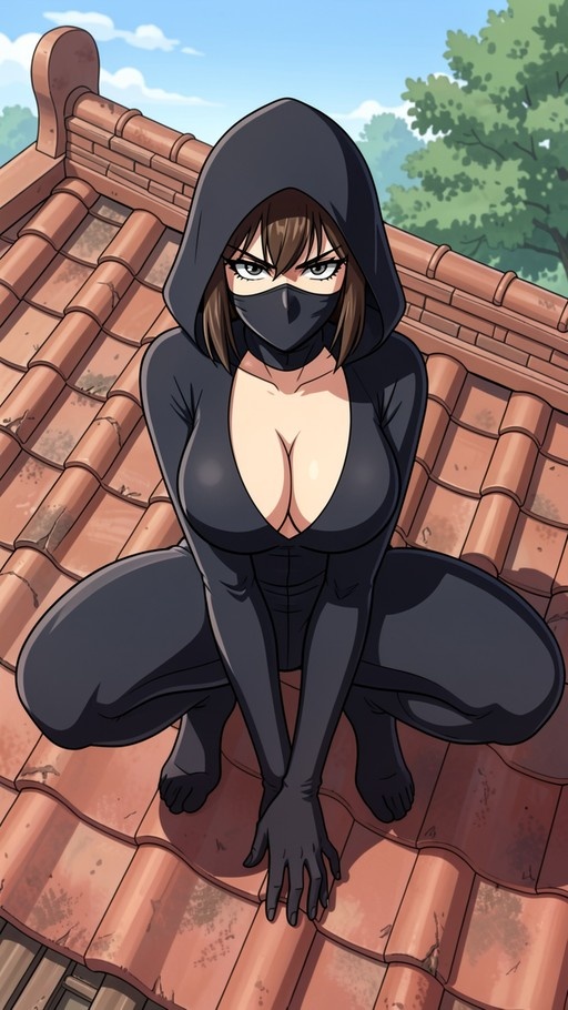 An anime-style girl with brown hair in a black hooded bodysuit and face mask squats on a red-tiled roof against a blue sky.