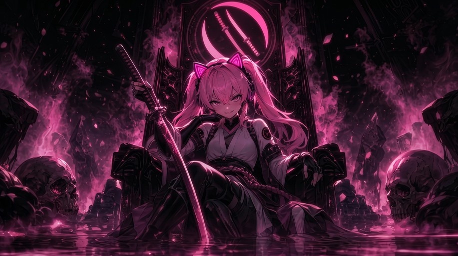 A pink-haired anime girl with glowing cat-ear headphones sits on a dark throne holding a katana, surrounded by skulls and water under a purple glow.