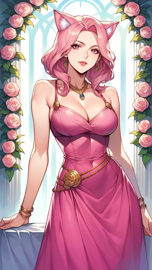 A pink-haired anime girl with cat ears wearing a pink dress and gold jewelry stands in front of a rose-adorned archway.