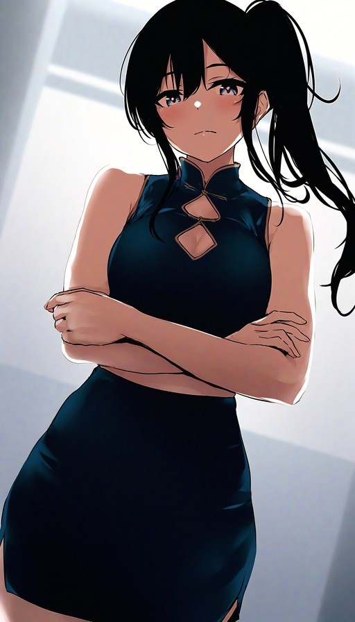 An anime girl with long black hair in a side ponytail stands with her arms crossed, wearing a dark sleeveless cheongsam dress with a chest cutout and traditional buttons, looking at the viewer with a sensitive expression.