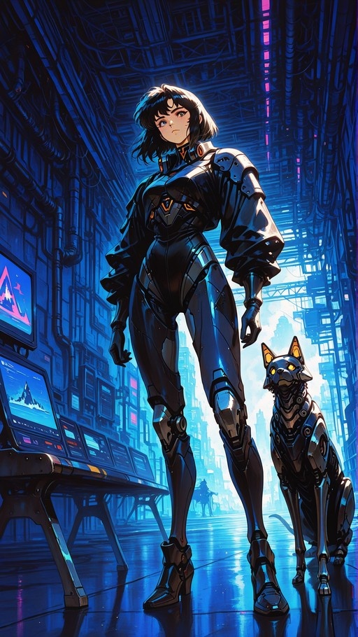 A full-body digital illustration of a female cyborg with short black hair standing beside a mechanical dog in a blue-lit futuristic corridor. She wears a dark bodysuit with armor plating and looks toward the viewer.