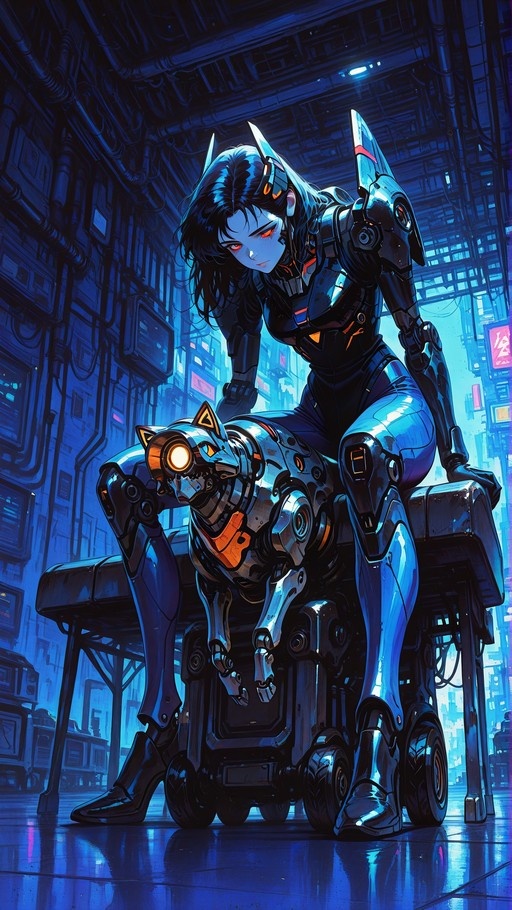 A cybernetic woman with black hair and glowing red eyes sits on a crate beside a robotic pet in a blue neon-lit futuristic alley.