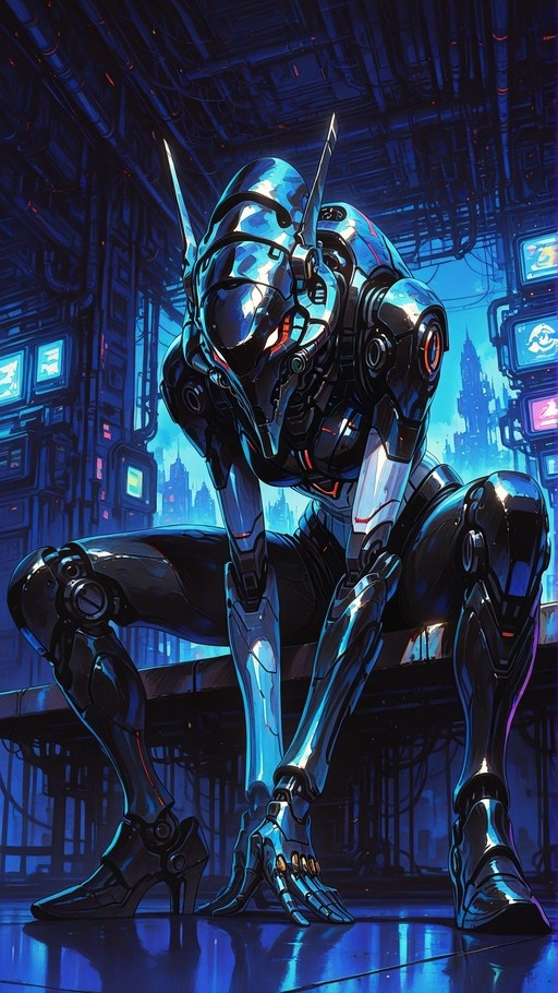 A shiny blue cyborg crouches on a reflective floor in a dark cyberpunk room with screens and a city view.