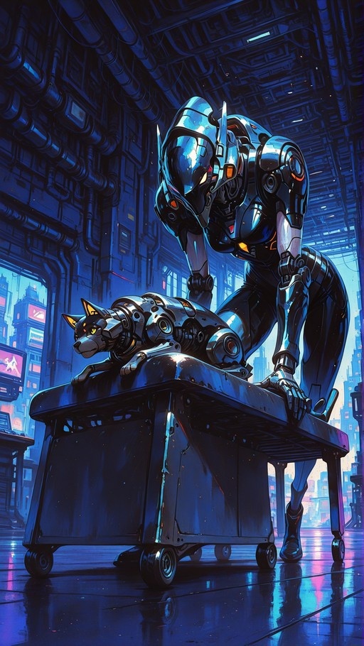 A sleek metallic humanoid robot leans over a cart to inspect a mechanical dog with glowing yellow eyes in a blue-lit industrial room with a city view.