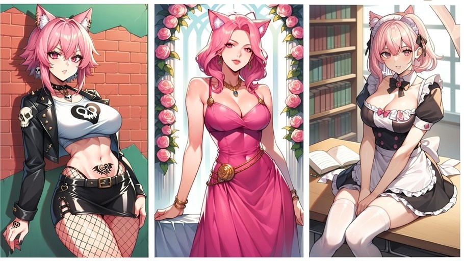 A three-panel illustration of a pink-haired cat-girl in a leather jacket with fishnets, an elegant pink gown, and a black and white maid uniform sitting on a desk.