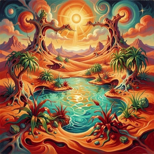 A surreal digital painting of a desert oasis with twisted trees framing the sun and rippling blue water.