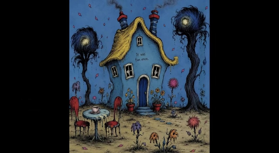 A colorful illustration of a blue house transitions into a black and white sketch of a snowy home with bare trees and scattered chairs.