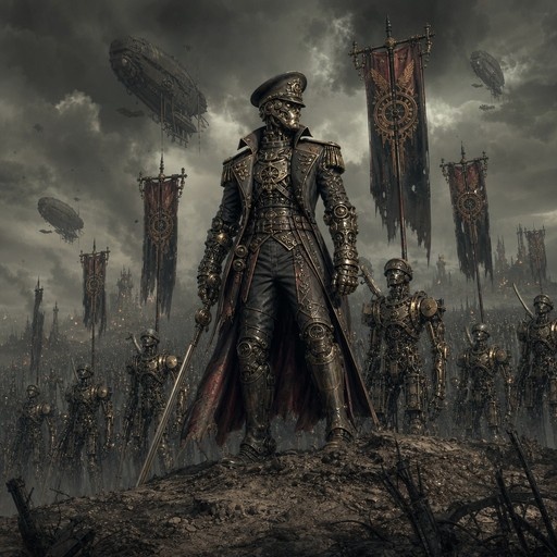 A steampunk automaton general in a long coat and hat stands with a sword before an army of robots under flying airships.