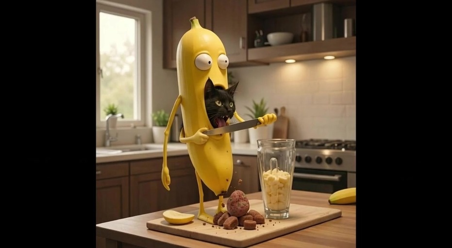 An anthropomorphic yellow banana stands in a kitchen with a black cat inside its mouth holding a knife.