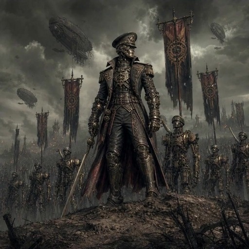 A skeletal general in ornate armor raises a sword while commanding an army of robots and human soldiers in a steampunk battlefield with airships.