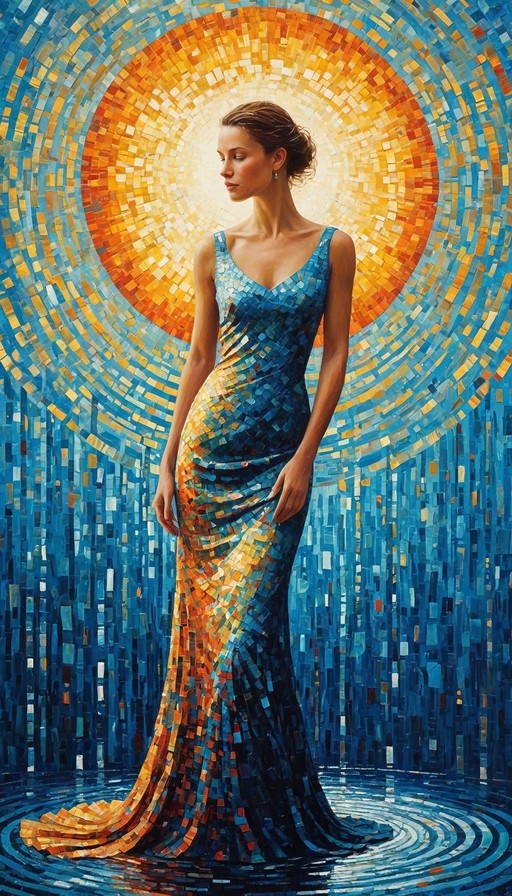 Full body portrait of a woman in a long blue sleeveless dress standing in rippling water, with a large circular yellow and orange mosaic halo behind her head against a blue tiled background.