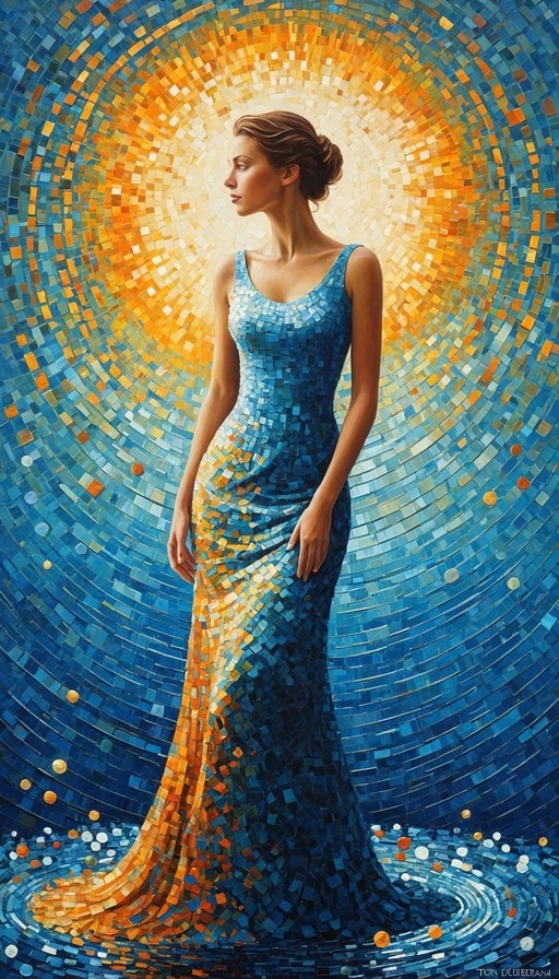 A digital illustration of a woman in profile wearing a long blue dress made of mosaic tiles, standing before a swirling background of blue and gold geometric shapes with golden accents at the hem.