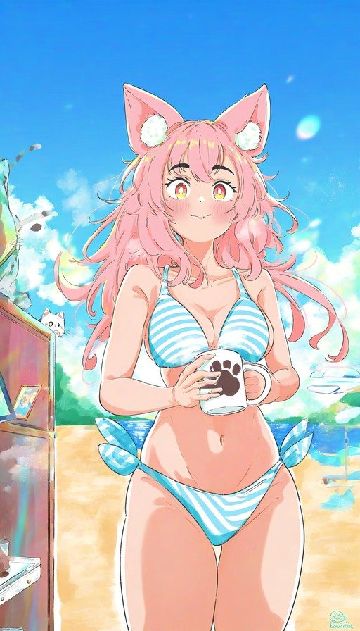 An anime-style illustration of Anya Forger with cat ears wearing a blue and white striped bikini on a sunny beach, holding a mug with a paw print design.