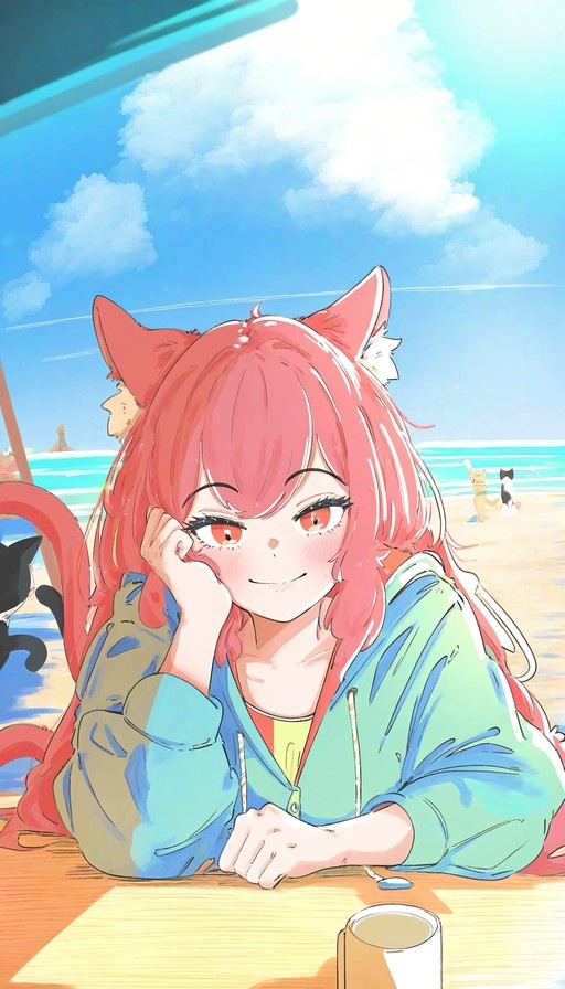 A pixel art style image of a pink-haired cat girl with red eyes and a large tail, wearing a green hoodie and resting her chin on her hand at a wooden table by the beach.