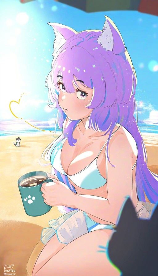 Purple-haired anime cat-girl in a white bikini holding a mug on a sunny beach