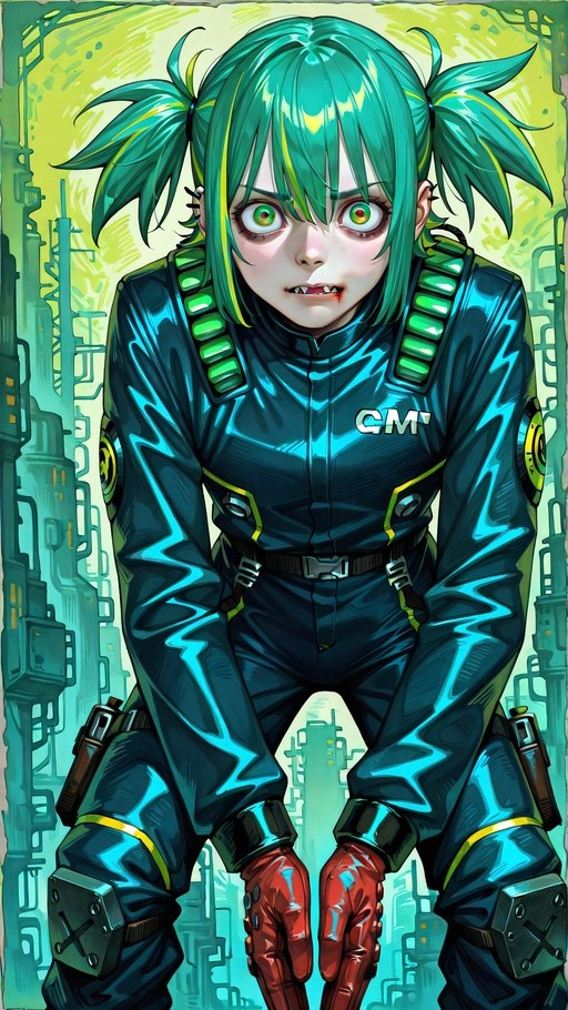 A green-haired anime girl with vampire fangs and multicolored eyes wears a shiny blue bodysuit with yellow accents and red gloves, leaning forward against a stylized cityscape background.