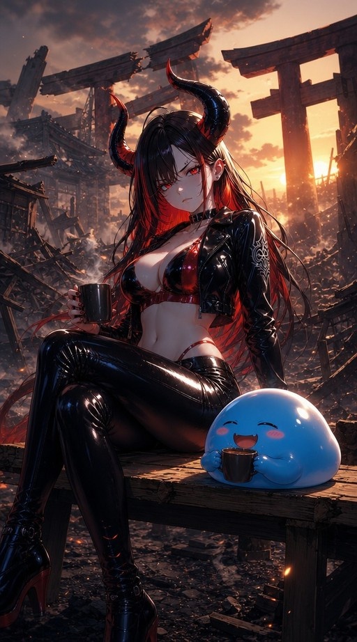 A horned demon woman in a black leather jacket sits on a bench holding coffee next to a smiling blue slime in the ruins at sunset.