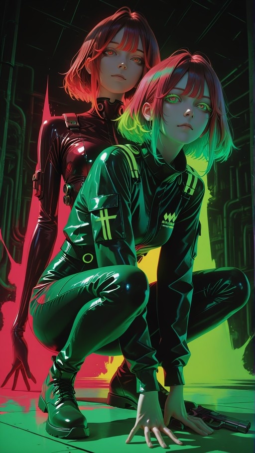 Two anime-style girls in a neon-lit industrial setting; one squats in a green outfit near a handgun while the other stands behind her in red.