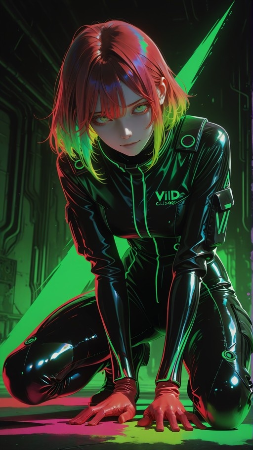 Anime girl with red and green hair kneeling in a shiny black bodysuit with neon green trim and red gloves under green lighting.