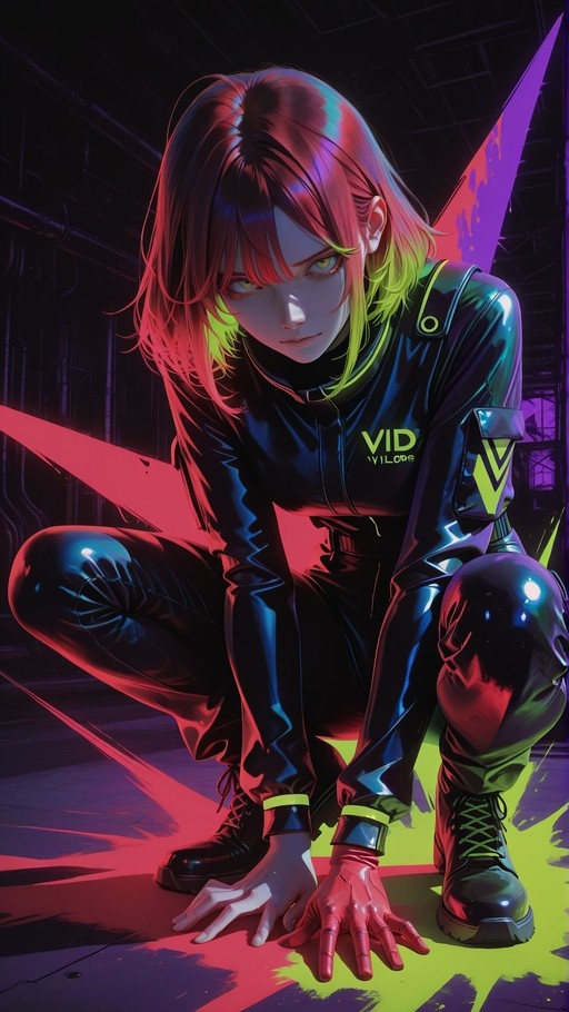 A multicolored-haired woman in a shiny black bodysuit crouches on the floor of a dark industrial space, illuminated by pink and purple neon light beams.