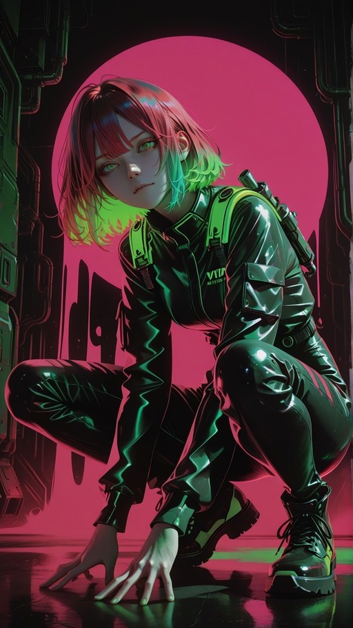 A squatting cyberpunk girl with short pink and green hair and green eyes, wearing shiny black tactical gear against a large pink moon background.