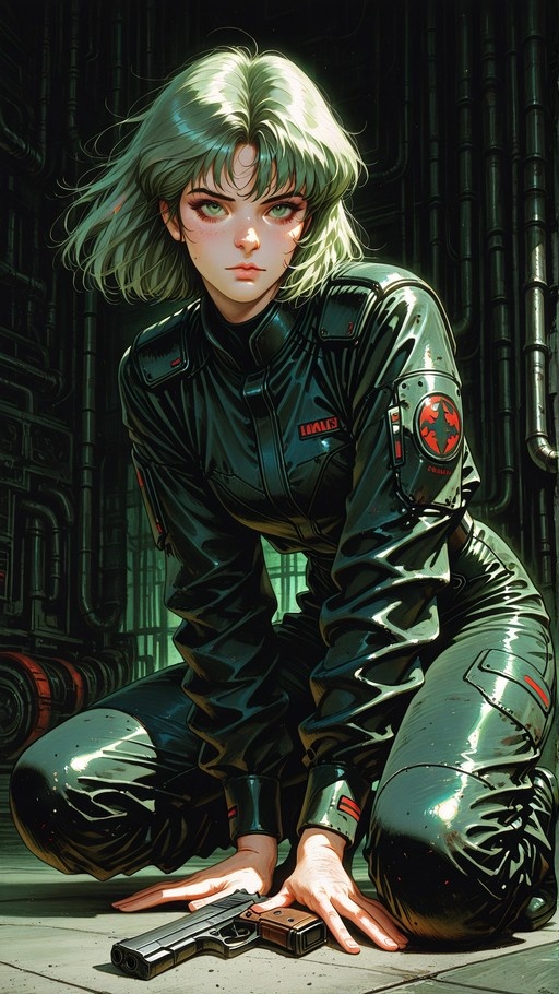 A green-haired anime woman in a shiny black bodysuit kneels on an industrial floor with a handgun near her hands.