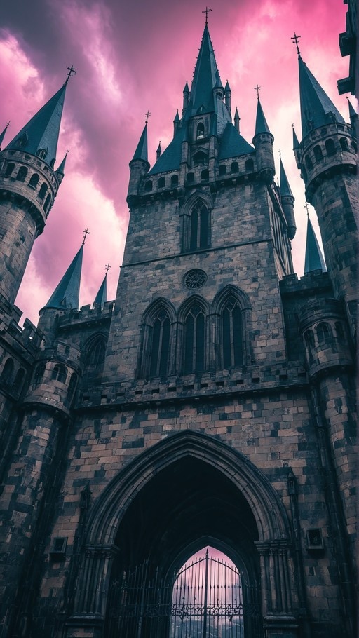 Low-angle view of a Gothic stone castle with tall spires and crosses against a dramatic pink cloudy sky.