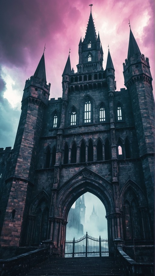 A low-angle view of a dark stone gothic castle with tall spires against a vibrant pink and purple sky, featuring stone steps leading to an arched entrance gate.