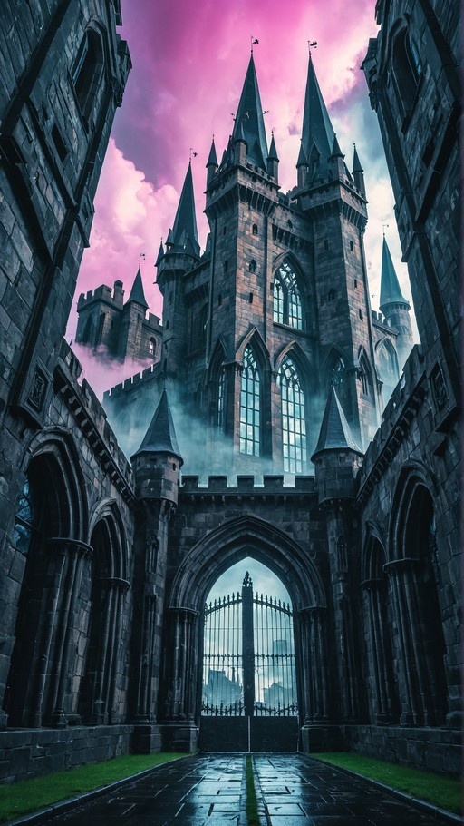 A low-angle view of a dark fantasy castle with tall pointed spires under a cloudy pink sky, seen through a stone archway leading to an iron gate.