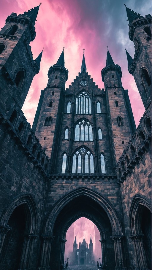 A low-angle view of a dark stone Gothic cathedral with tall spires and crosses against a vibrant pink and purple cloudy sky, featuring an arched gateway leading to a distant structure.