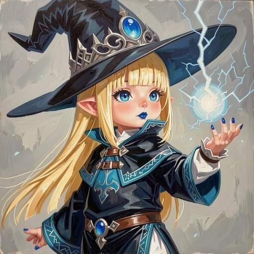 A small blonde Lalafell wizard in a black hat and blue robe casting lightning magic with her hand.
