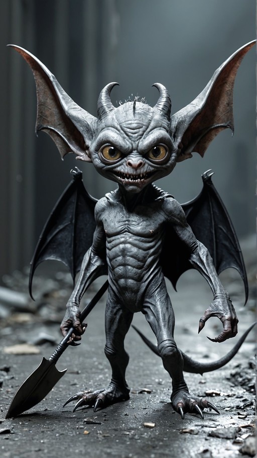 A full-body view of a small grey-skinned demon creature with large bat wings and horns on its head, standing and holding a shovel while looking at the viewer amidst rubble.