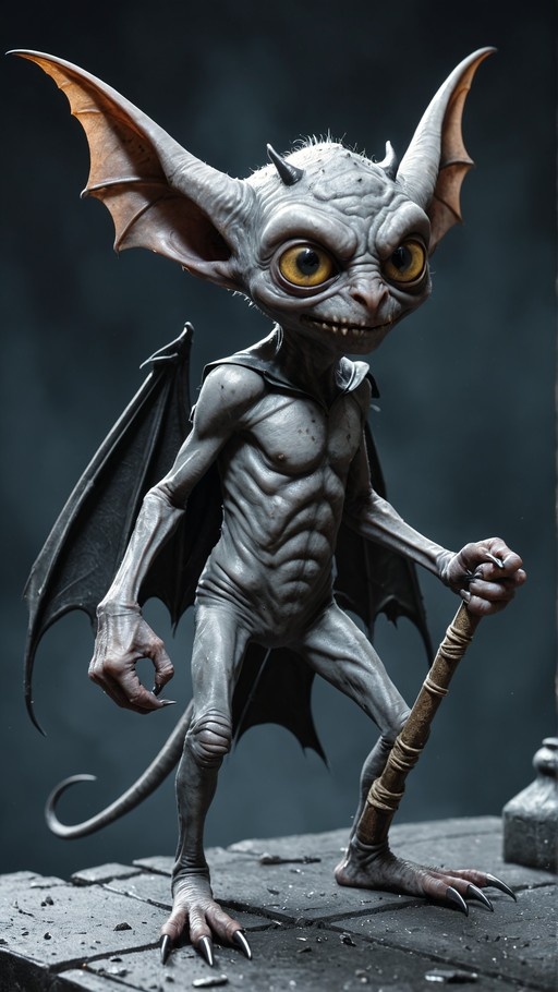 A grey-skinned goblin monster with large bat ears, horns, and yellow eyes stands holding a wooden staff on stone rubble.