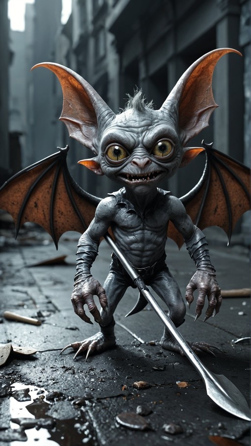 Grey bat-winged monster holding a spear in an alley