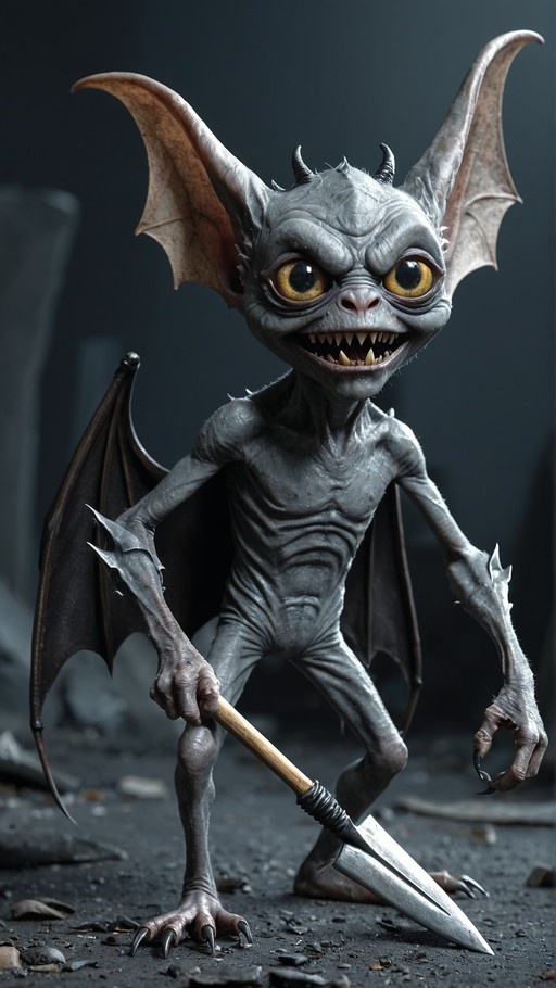 A grey bat-winged monster with yellow eyes holding a spear.