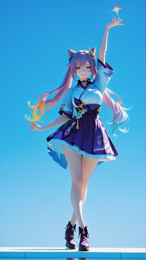 Full-body illustration of Keqing from Genshin Impact reaching her hand up toward a glowing star against a bright blue sky.