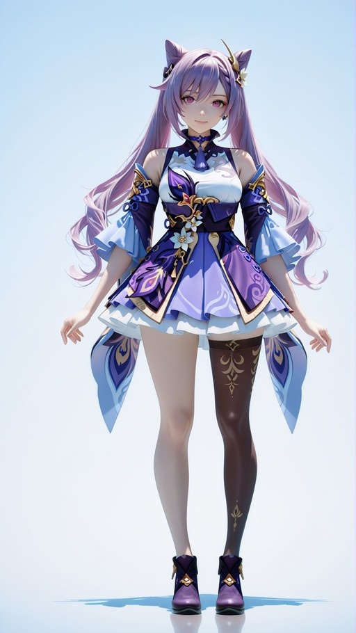 Full-body illustration of Keqing from Genshin Impact with long purple hair and cat ears, wearing a purple and white dress with one brown thigh-high stocking.